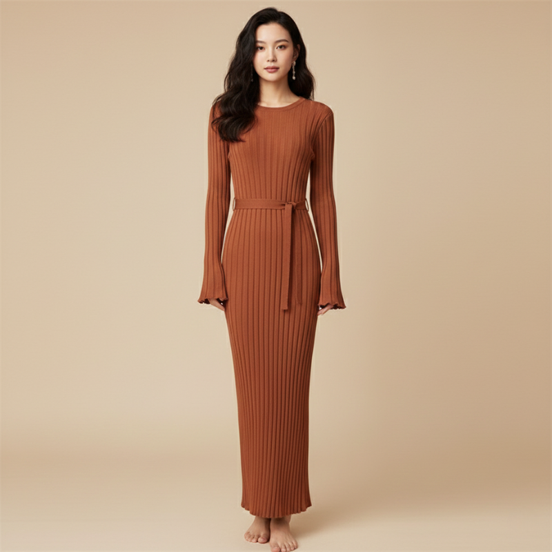 Model trägt ein braunes Rippenstrick-Maxikleid mit Gürtel, langen Ärmeln und eleganter Silhouette im Studio.