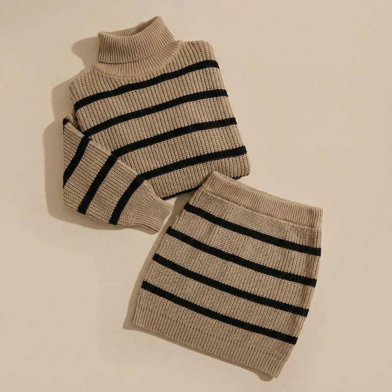 Frau trägt ein grün gestreiftes Rollkragen-Strickkleid in einem minimalistischen Raum mit natürlichem Licht.