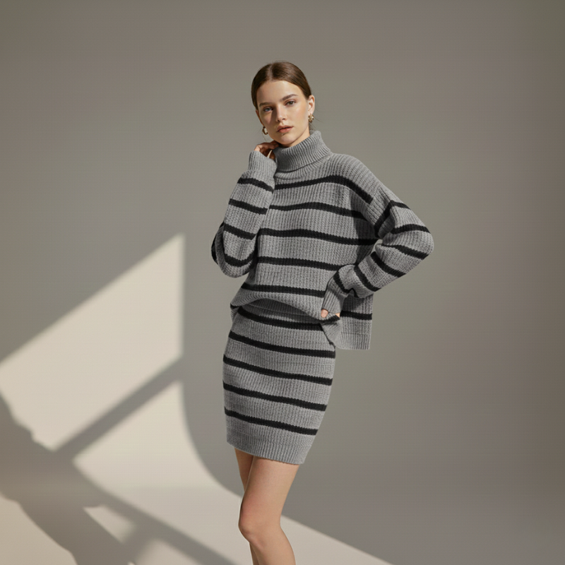 Frau trägt ein graues gestreiftes Strickkleid mit Rollkragen in weichem Seitlicht.