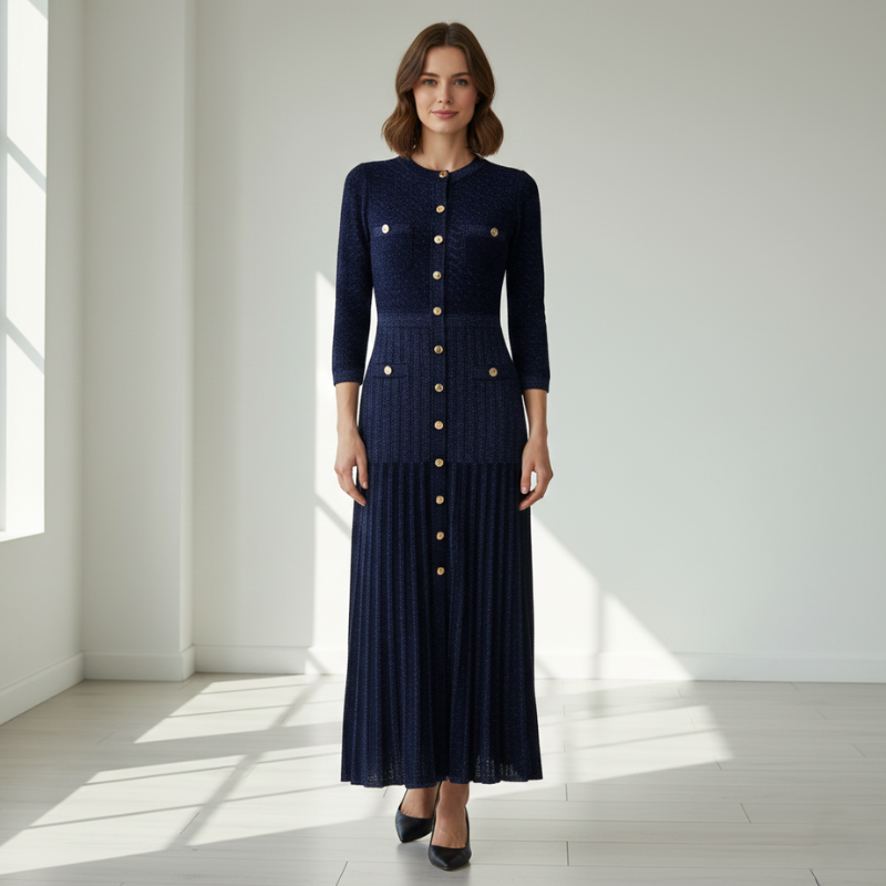 Model trägt ein navyblaues langes Strickkleid mit goldenen Knöpfen und eleganter Passform im hellen Studio.