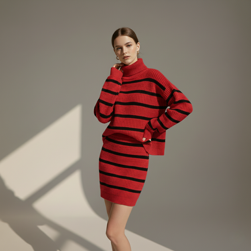 Modell in einem roten gestreiften Rollkragen-Strickkleid vor neutralem Studiolicht.