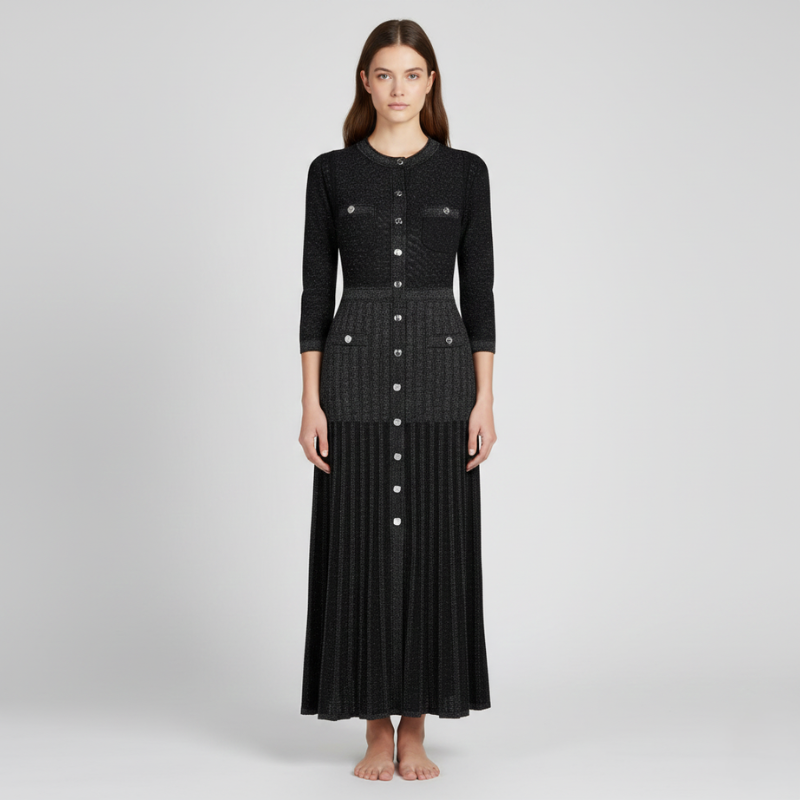 Model trägt ein schwarzes langes Strickkleid mit goldenen Knöpfen und glatter Silhouette im Studio.