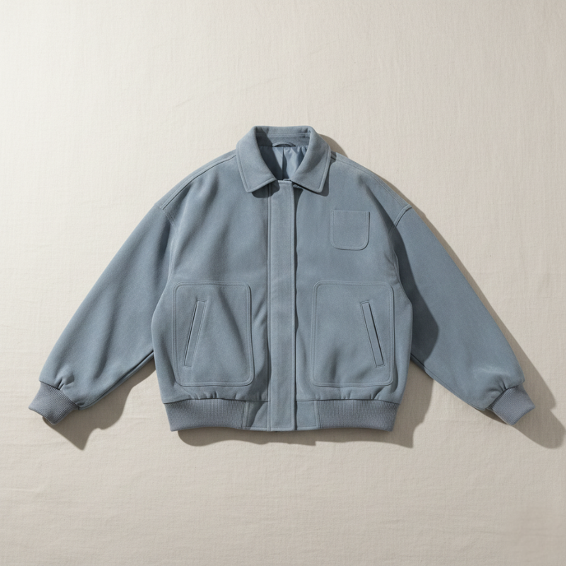 Hellblaues Oversize-Sweatshirt mit weitem Schnitt und Stehkragen flach ausgelegt auf hellem Untergrund präsentiert.