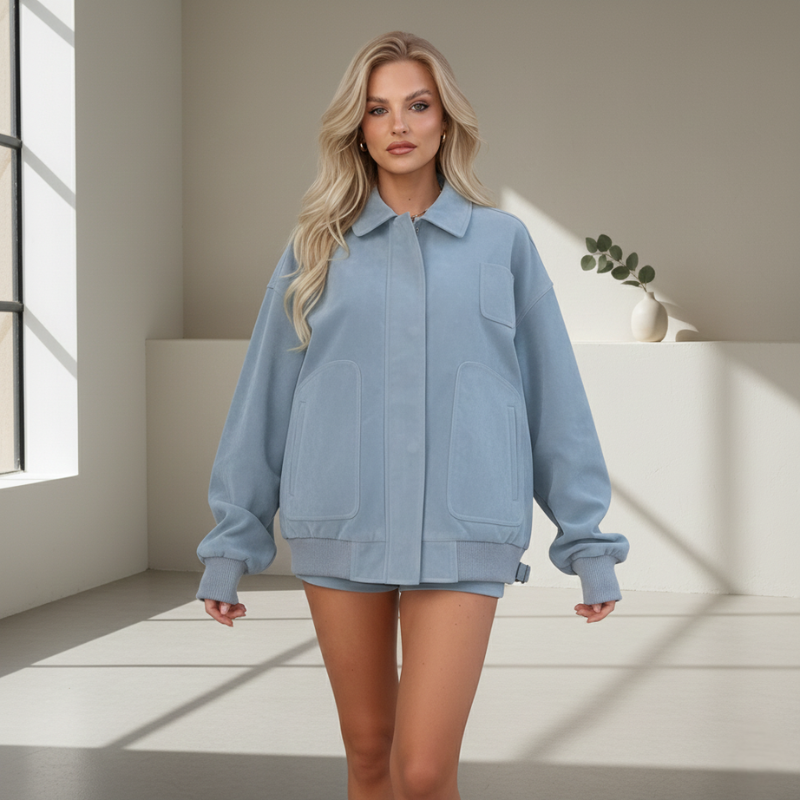 Model trägt ein hellblaues Oversize-Sweatshirt mit lockerer Passform und minimalistischer Ästhetik in heller Innenraumszene.