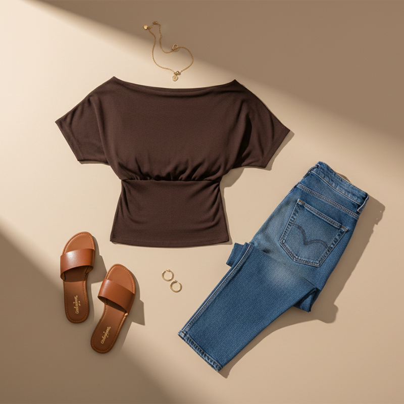 Braunfarbenes Kurzarmtop flach ausgelegt, kombiniert mit Jeans und Sandalen auf hellem Untergrund.