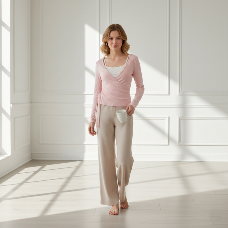 Rosa Wickeltop mit weichem Stoff und Wickeldesign, getragen in einer minimalistischen Indoor-Szene.