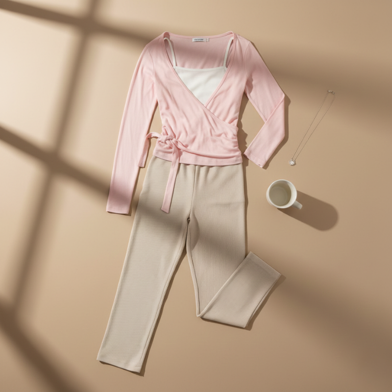 Rosa Wickeltop und beige Hose als Flatlay arrangiert auf hellem Hintergrund mit weichen Schatten und minimalistischer Präsentation.