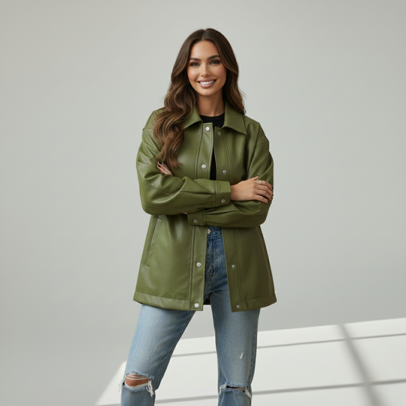 Frau trägt eine olivfarbene Jacke aus glattem Material in entspannter Passform vor hellem Studiohintergrund.