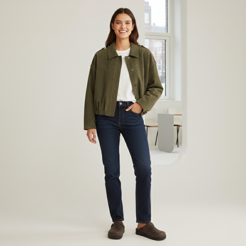 Model trägt eine olivgrüne Damenjacke mit geradem Schnitt, kombiniert mit weißem Top und Jeans im hellen Studio.