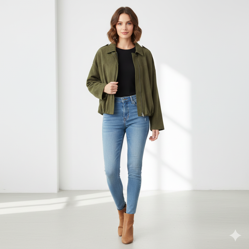 Model präsentiert eine olivgrüne Jacke mit geradem Schnitt und minimalistischer Optik im Studio.