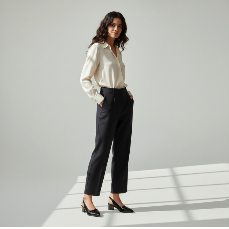 Frau posiert in heller Innenkulisse, gekleidet in weiße Bluse, schwarze Hose und elegante Slingback-Schuhe.