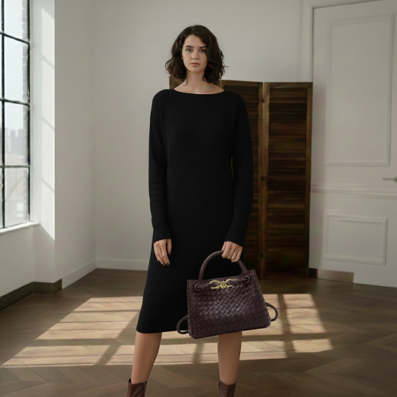 Frau im schwarzen Kleid hält eine geflochtene braune Handtasche vor hellem Studioboden, formal und klar inszeniert.