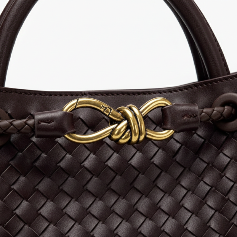 Frau trägt eine elegante braune Handtasche in Kombination mit einer cremefarbenen Bluse und schwarzer Hose in modernem Studio.