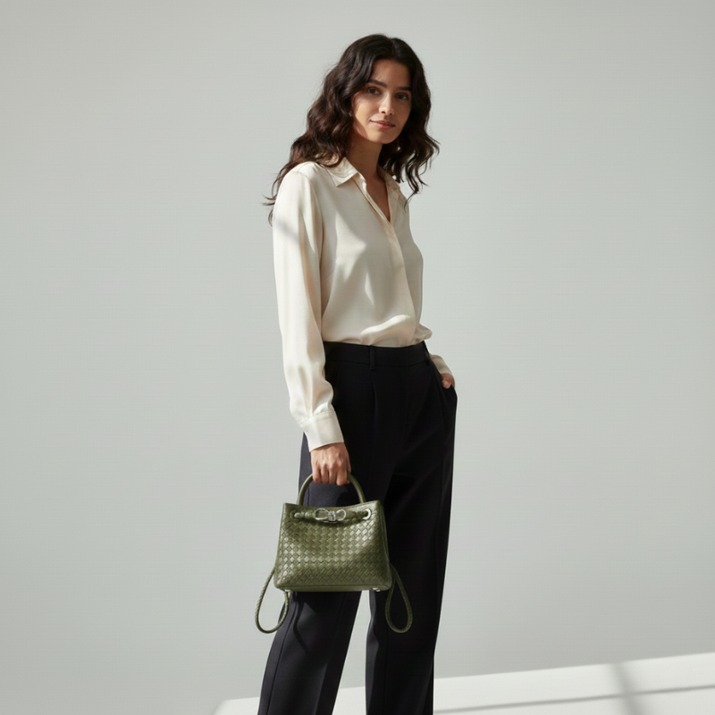 Frau präsentiert eine strukturierte grüne Handtasche, stilvoll kombiniert mit heller Bluse und schwarzen Hosen.