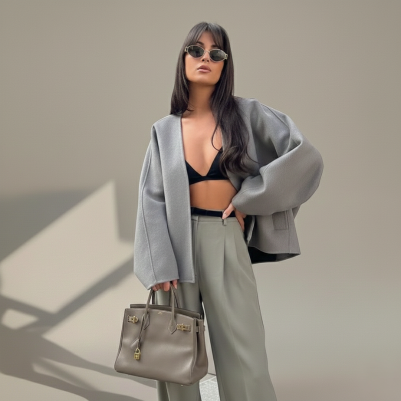 Frau trägt eine graue, strukturierte Jacke über weitem Hosenstil und posiert in einem hellen Studio.