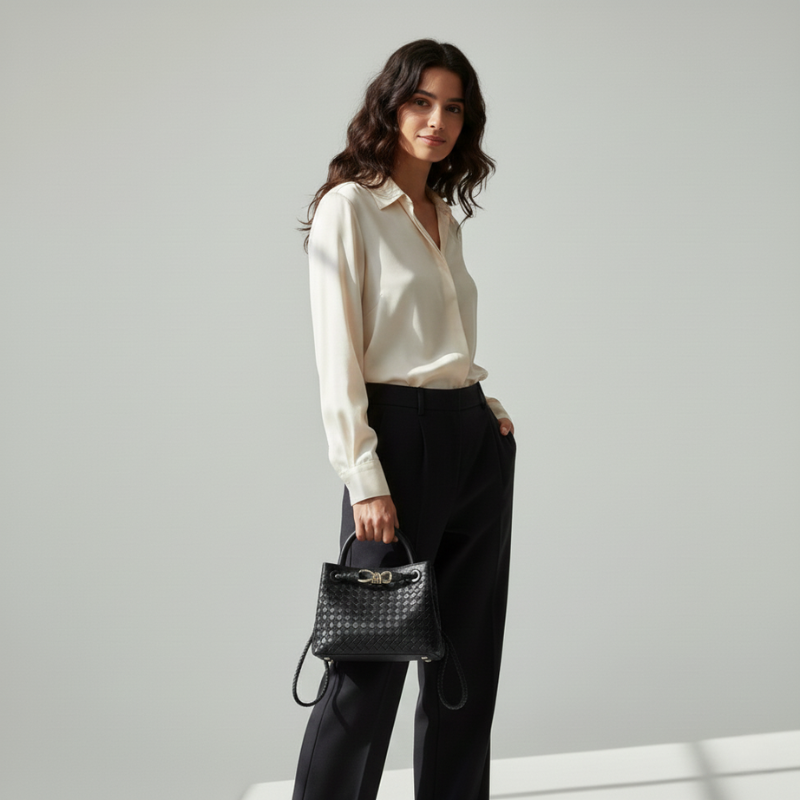 Modell trägt eine weiße Handtasche zu klassischer schwarzer Hose und hellen Oberteil-Tönen, aufgenommen im Studio.