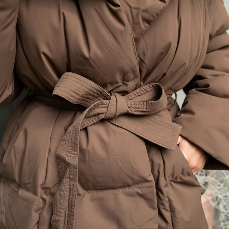 Nahaufnahme der braunen Daunenjacke mit gesteppter Oberfläche und gebundenem Taillengürtel.