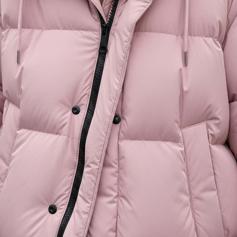 Nahaufnahme des rosafarbenen Daunenmantels mit Steppnähten, Reißverschluss und glatter Stoffoberfläche.