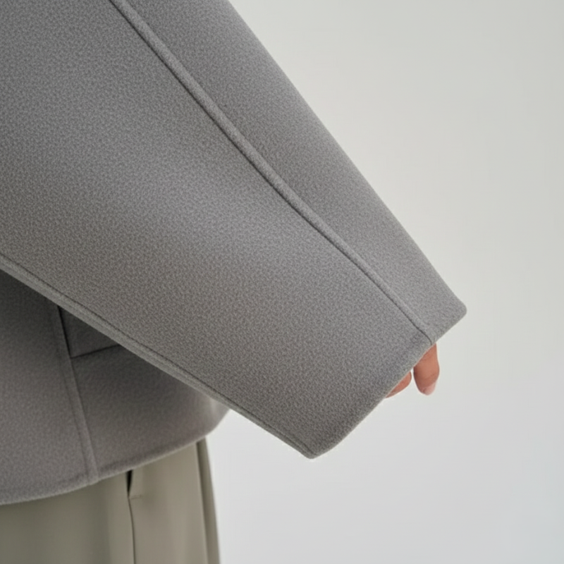 Nahaufnahme des grauen Jackenmaterials mit strukturierter Oberfläche und klar sichtbarer Kantenverarbeitung.