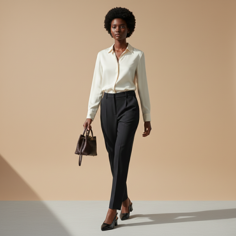 Frau in weißer Bluse und schwarzen Stoffhosen, kombiniert mit schwarzen Slingback-Schuhen, schreitet elegant durch ein minimalistisches Studio.