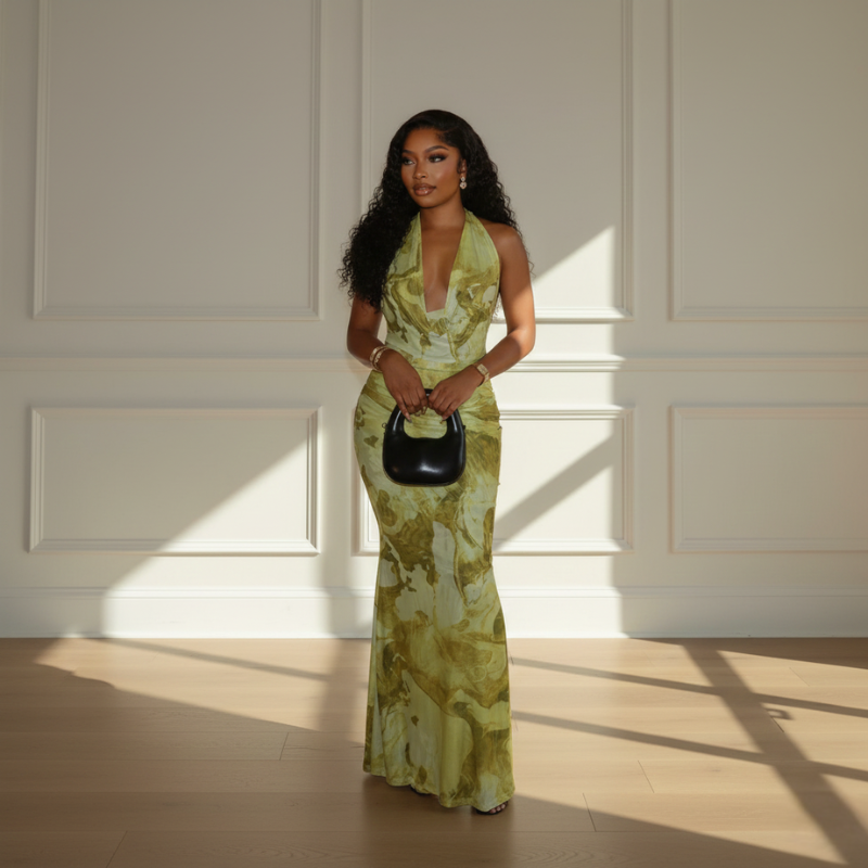 Model präsentiert ein grünes Maxikleid mit Blumenmuster und fließendem Stoff in heller Indoor-Umgebung.