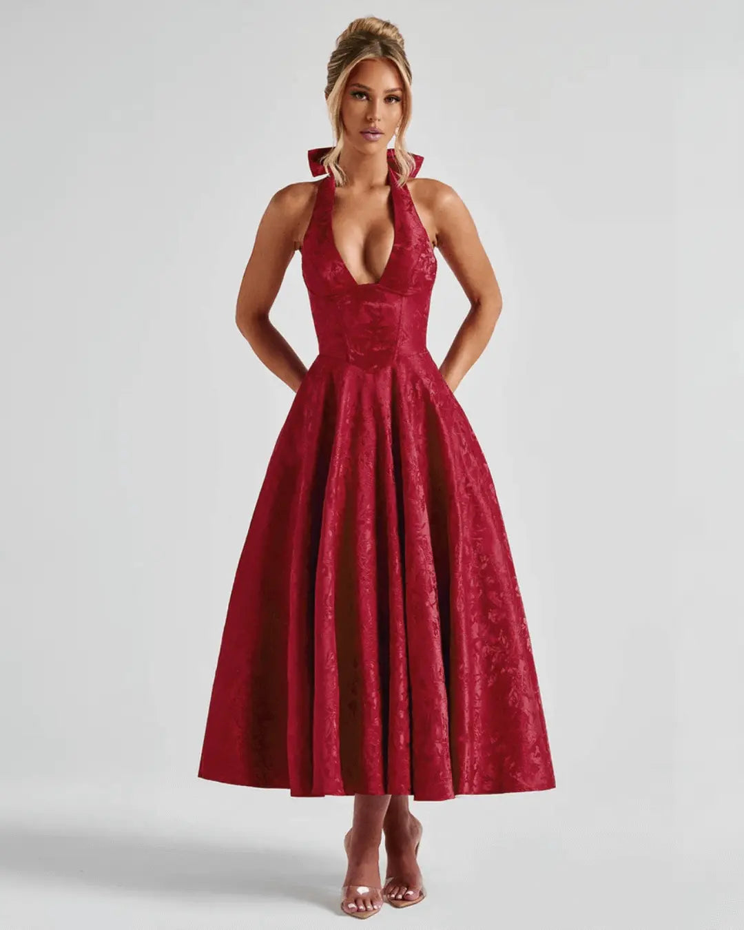 Elegantes Midi Kleid mit Halter-Ausschnitt und Fließendem Rock – Festliches Sommerkleid für Besondere Anlässe in Jacquard 9