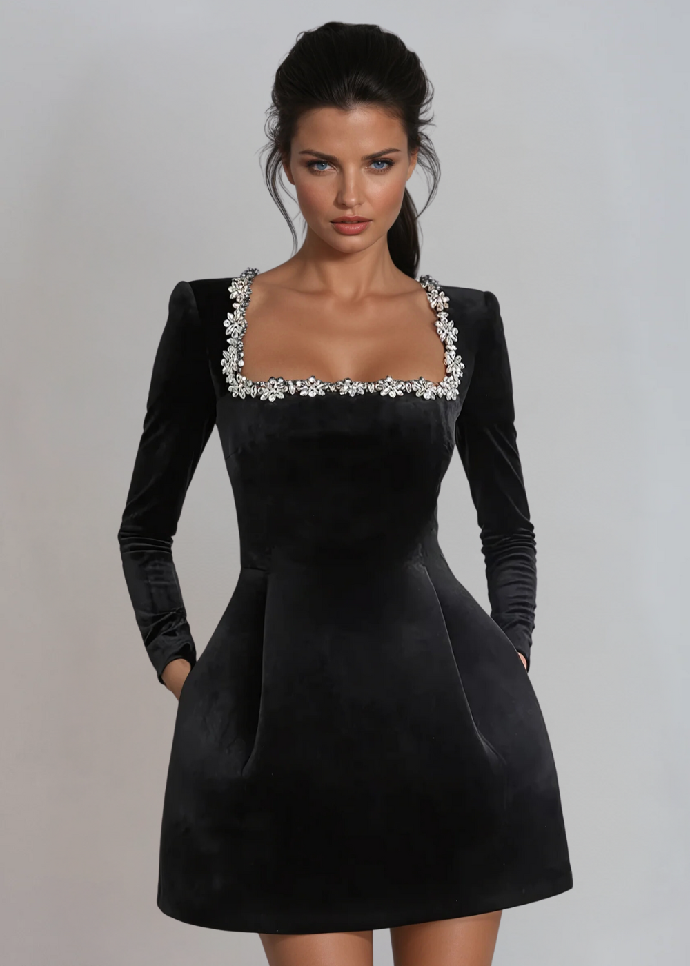 Elegantes Schwarzes Minikleid aus Samt mit Quadratischem Ausschnitt und A-Linien-Passform – Langarm Mini Kleid für Besondere Anlässe 0