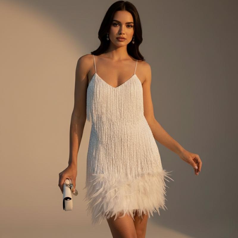 
Frau trägt ein weißes Feder-Minikleid mit Spaghettiträgern und verspielter Party-Silhouette