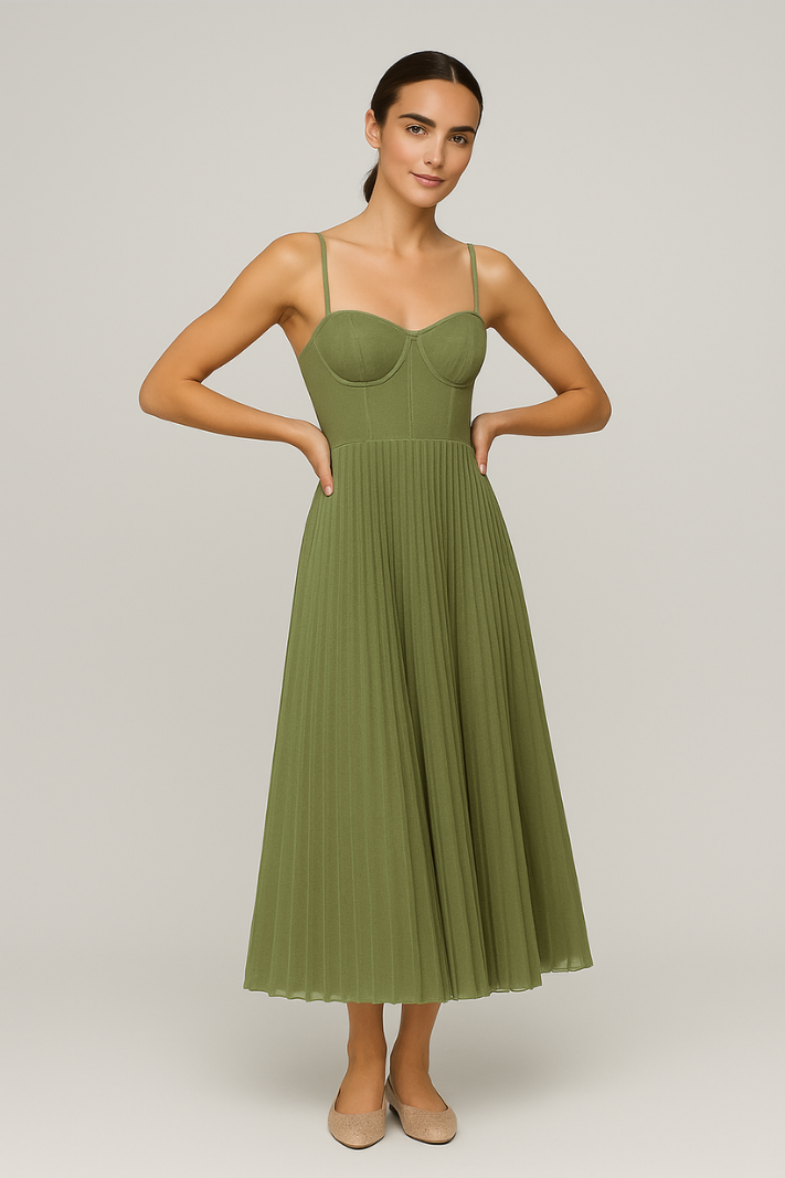 Festliches Kleid Damen in Grün – Midi mit Plissiertem Tüll-Bustier und Ausgestelltem Rock für Hochzeiten und Feste 0