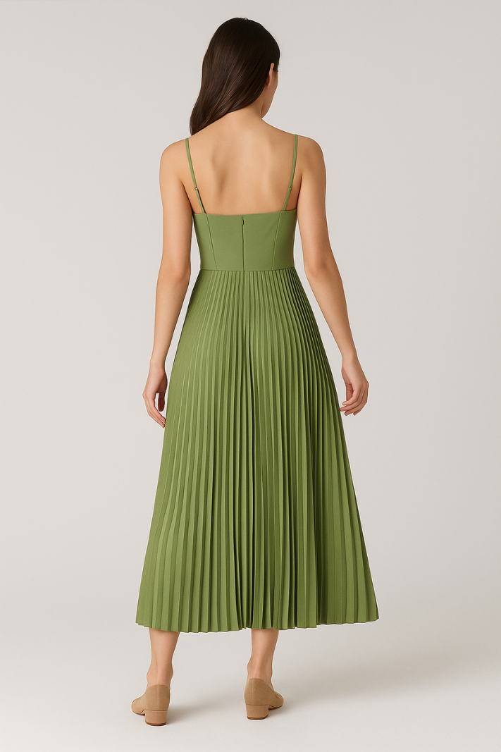 Festliches Kleid Damen in Grün – Midi mit Plissiertem Tüll-Bustier und Ausgestelltem Rock für Hochzeiten und Feste 1