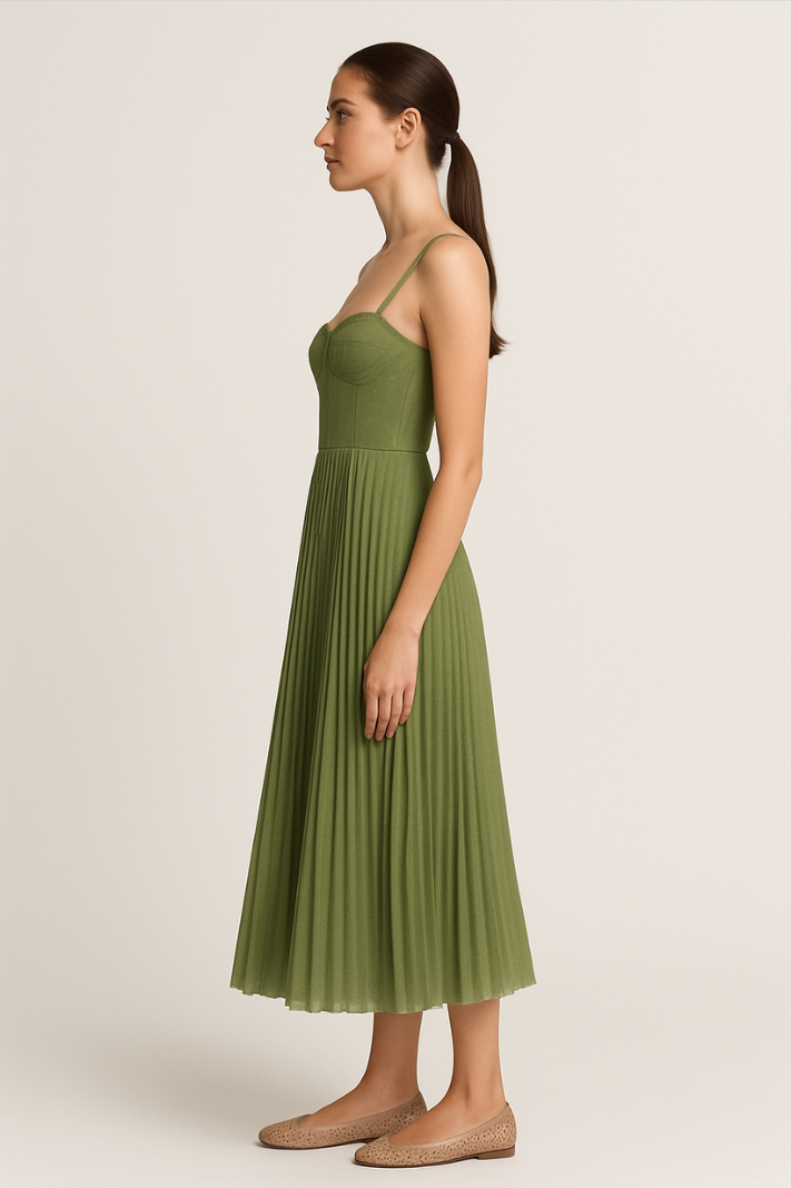 Festliches Kleid Damen in Grün – Midi mit Plissiertem Tüll-Bustier und Ausgestelltem Rock für Hochzeiten und Feste 4