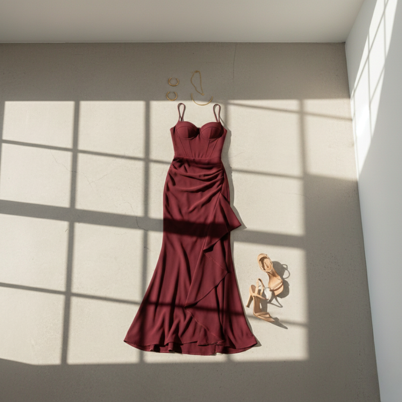 Bordeauxfarbenes Abendkleid flachgelegt mit Sandalen und Schmuck