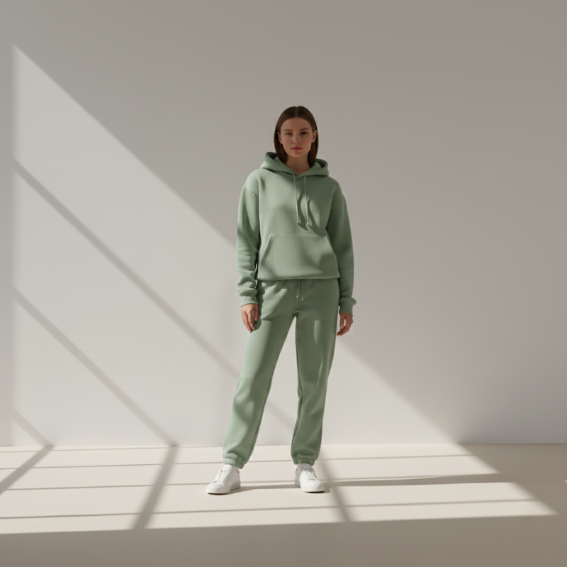 Gefalteter grüner Hoodie und Jogginghose als Flatlay auf hellem Untergrund arrangiert.