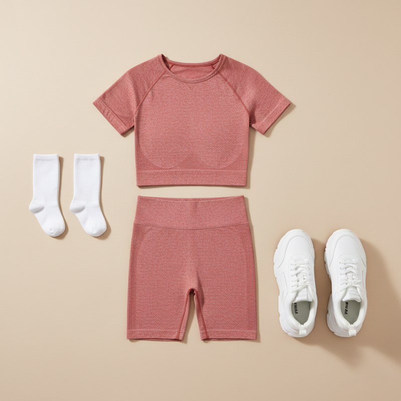 Roséfarbenes Sportset mit Shorts und kurzem Top, kombiniert mit weißen Accessoires als Flatlay präsentiert.
