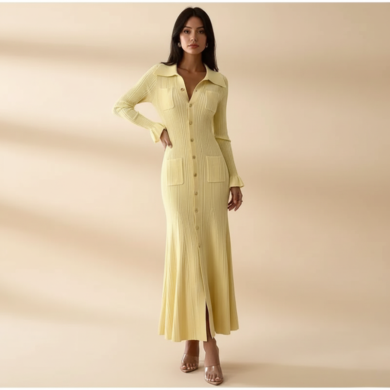 Model zeigt ein gelbes langes Strickkleid mit strukturiertem Strickmuster und Knöpfen in weichem Indoor-Licht.