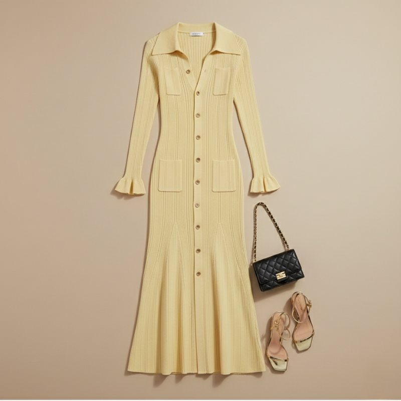 Flatlay eines langen gelben Strickkleids mit Knopfleiste, kombiniert mit einer schwarzen Handtasche auf hellem Untergrund.