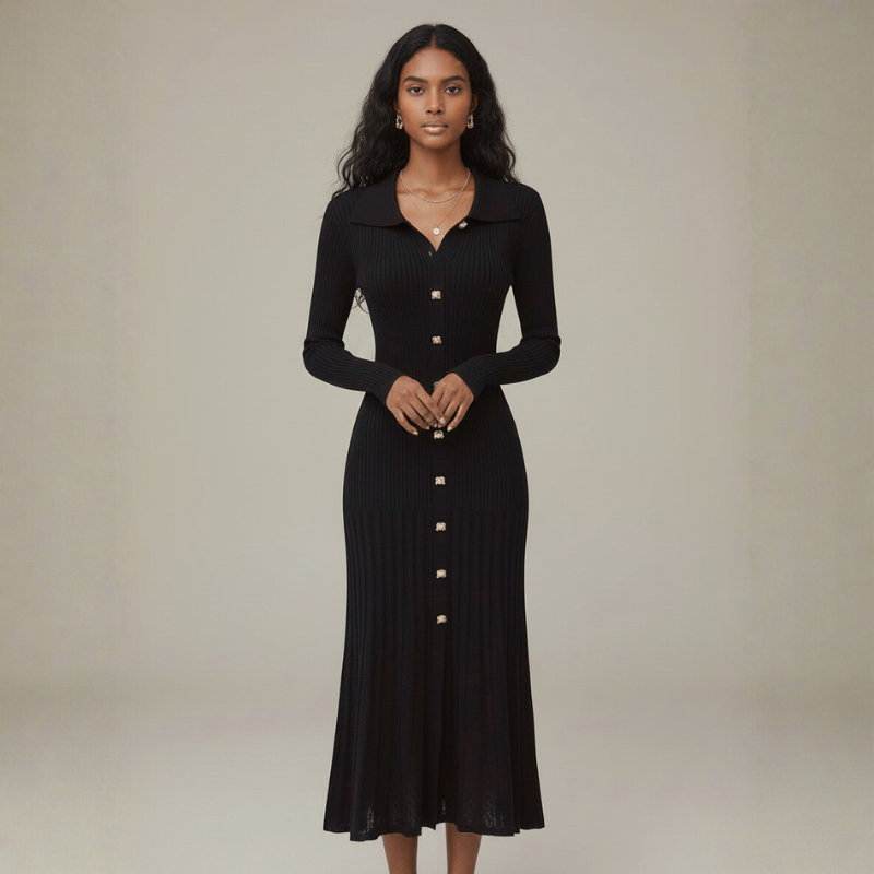 Schwarzes geripptes Maxi-Kleid mit Knopfleiste, elegant gestylt mit Schmuck