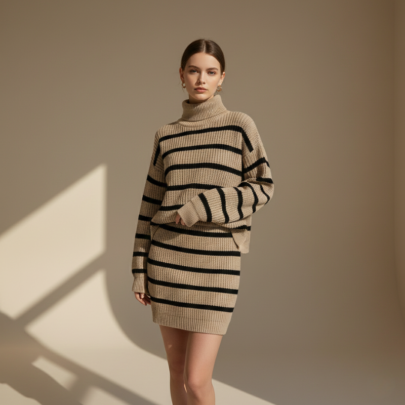 Zwei gestreifte Strickkleider in Beige und Grau als Flatlay auf einem neutralen Hintergrund.