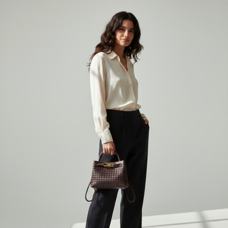 Frau hält eine dunkelbraune Handtasche in elegantem Innenraum mit warmem Licht und modernem Styling.