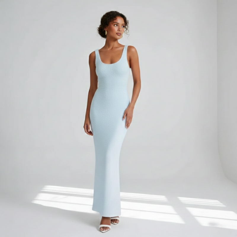 Model trägt ein hellblaues ärmelloses Maxikleid in hellem Studio mit natürlichem Licht