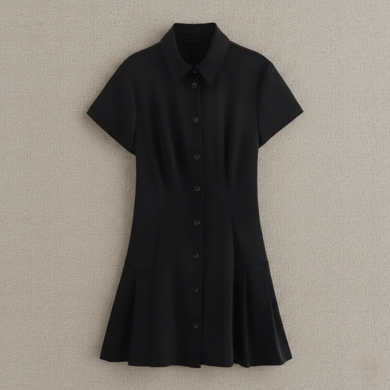 Schwarzes kurzes Hemdblusenkleid mit Knopfleiste und ausgestelltem Rock flach ausgelegt auf hellem Untergrund.