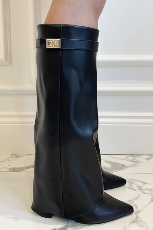 Hohe Stiefel Damen aus Leder mit Klappe und 8,5 cm Blockabsatz – Elegante kniehohe Stiefel hoher Schaft für jeden Anlass 1