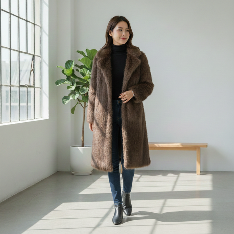 Model trägt einen langen Kunstpelzmantel, der für einen gemütlichen Winterlook im Innenbereich gestylt wurde