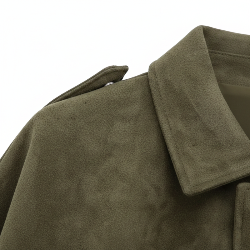 Nahaufnahme des Kragens und der Stoffstruktur einer olivgrünen Damenjacke mit sauberer Verarbeitung.