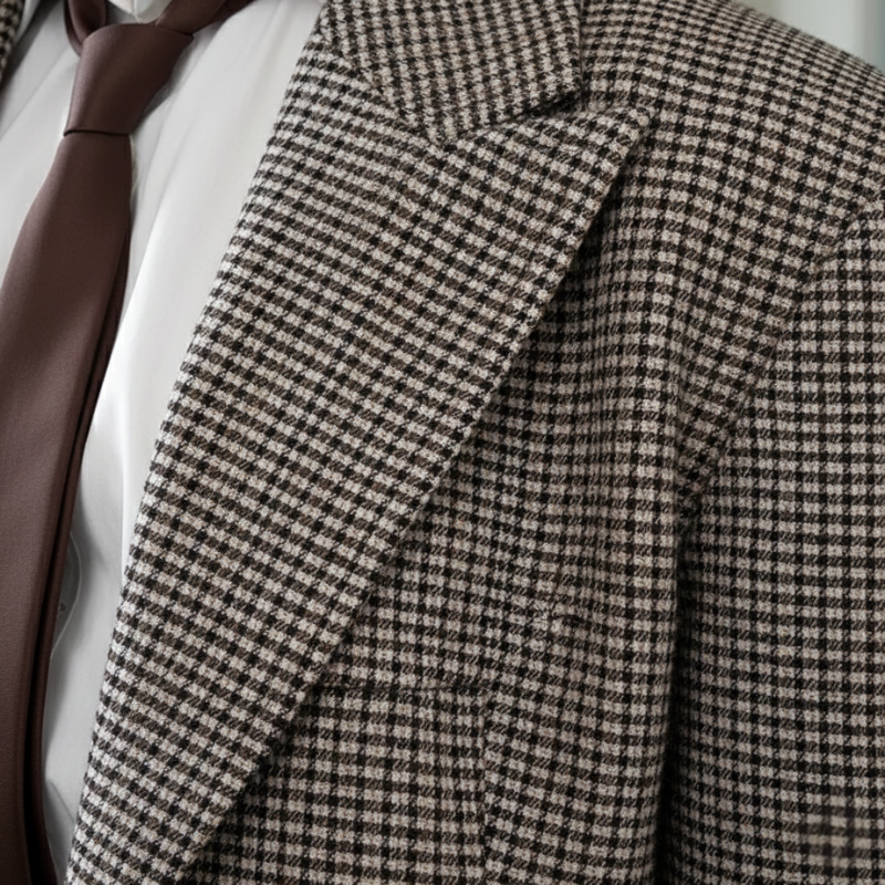 Nahaufnahme des braun karierten Blazers mit strukturierter Wolloptik, scharfem Revers und hochwertiger Materialtextur.