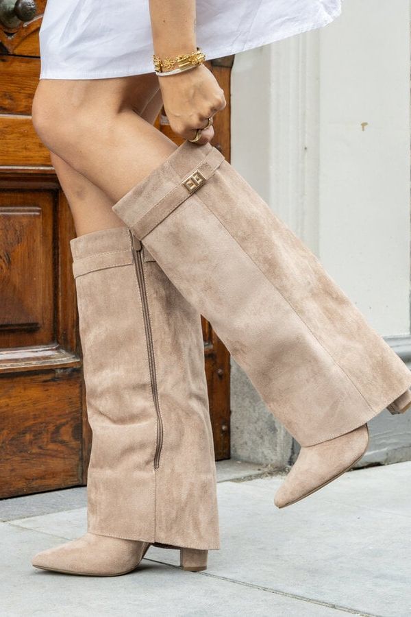 Kniehohe Damenstiefel aus Wildleder in Khaki – Elegante Stiefel mit Blockabsatz und Seitenverschluss 1