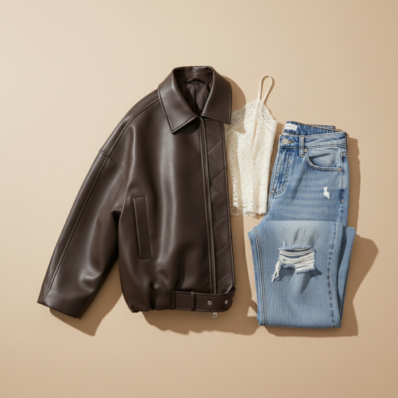 Dunkelbraune Lederjacke zusammen mit einer blauen Handtasche als Flatlay auf neutralem Untergrund arrangiert.