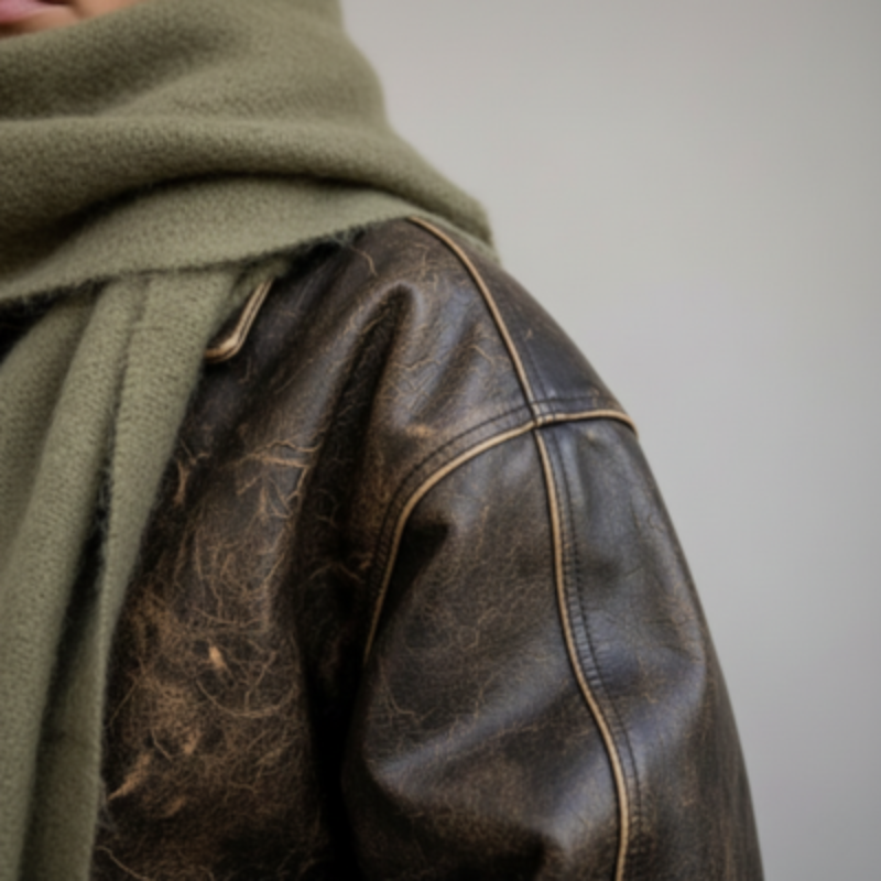 Nahaufnahme der braunen Lederjacke, zeigt Struktur, Nähte und hochwertige Lederoberfläche mit weichem Faltenwurf.