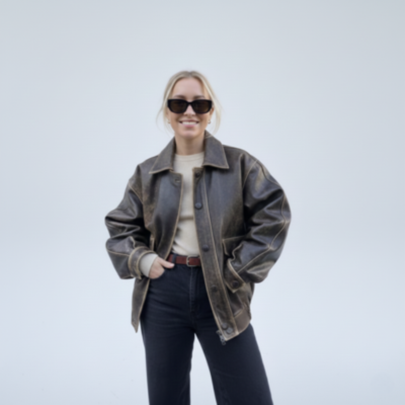 Frau mit Sonnenbrille präsentiert eine braune Lederjacke kombiniert mit Schal und schlanker Jeans, moderner Alltagslook.