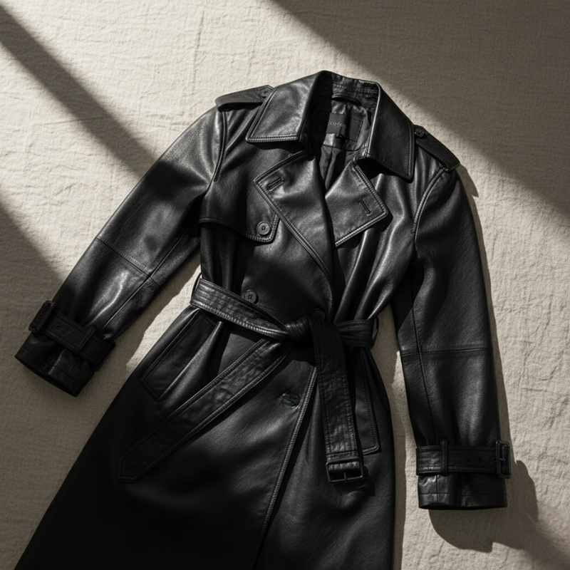 Nahaufnahme des schwarzen Ledertrenchcoats mit glänzender Oberfläche, sichtbaren Nähten und Ärmelpartie.